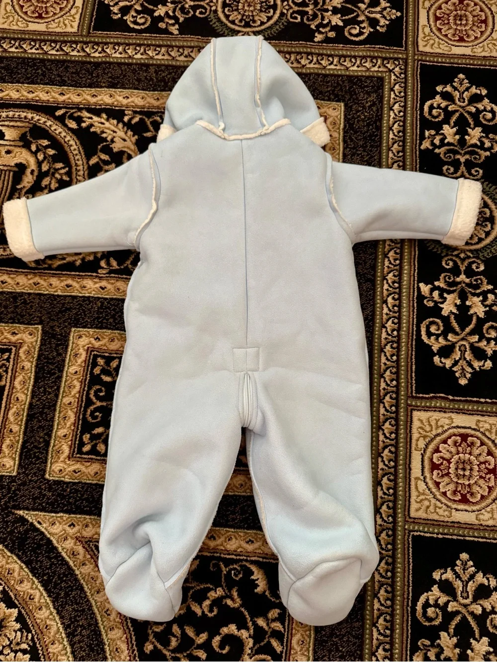 NEW! BabyWorks Light Blue Fleece Hooded One-Piece for Infants. Size 3-6 Months